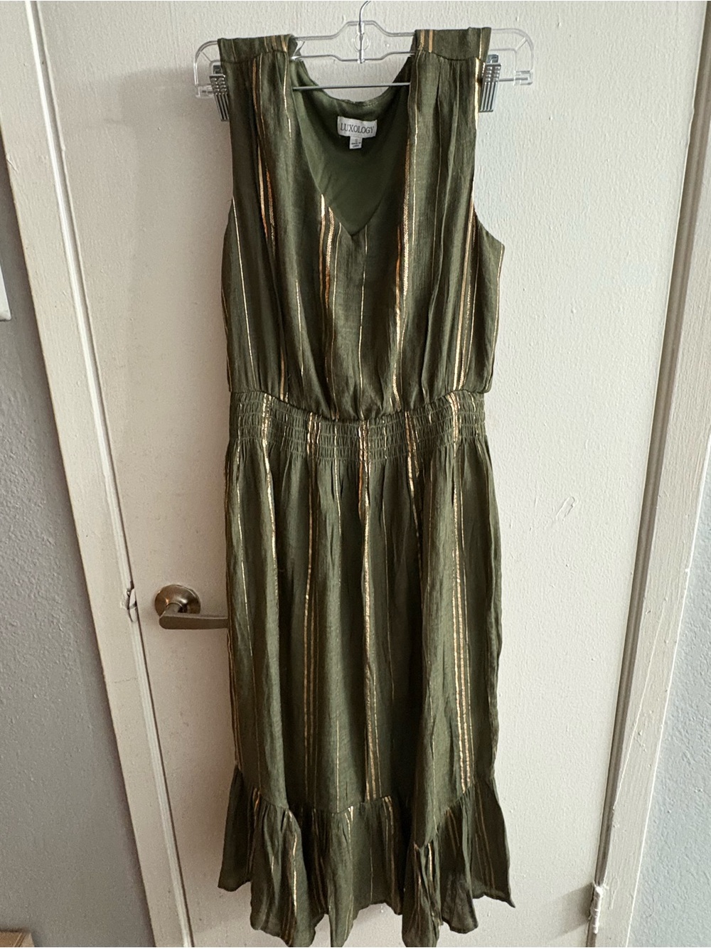 Luxology Olive Green Metallic-Striped Midi Dress
